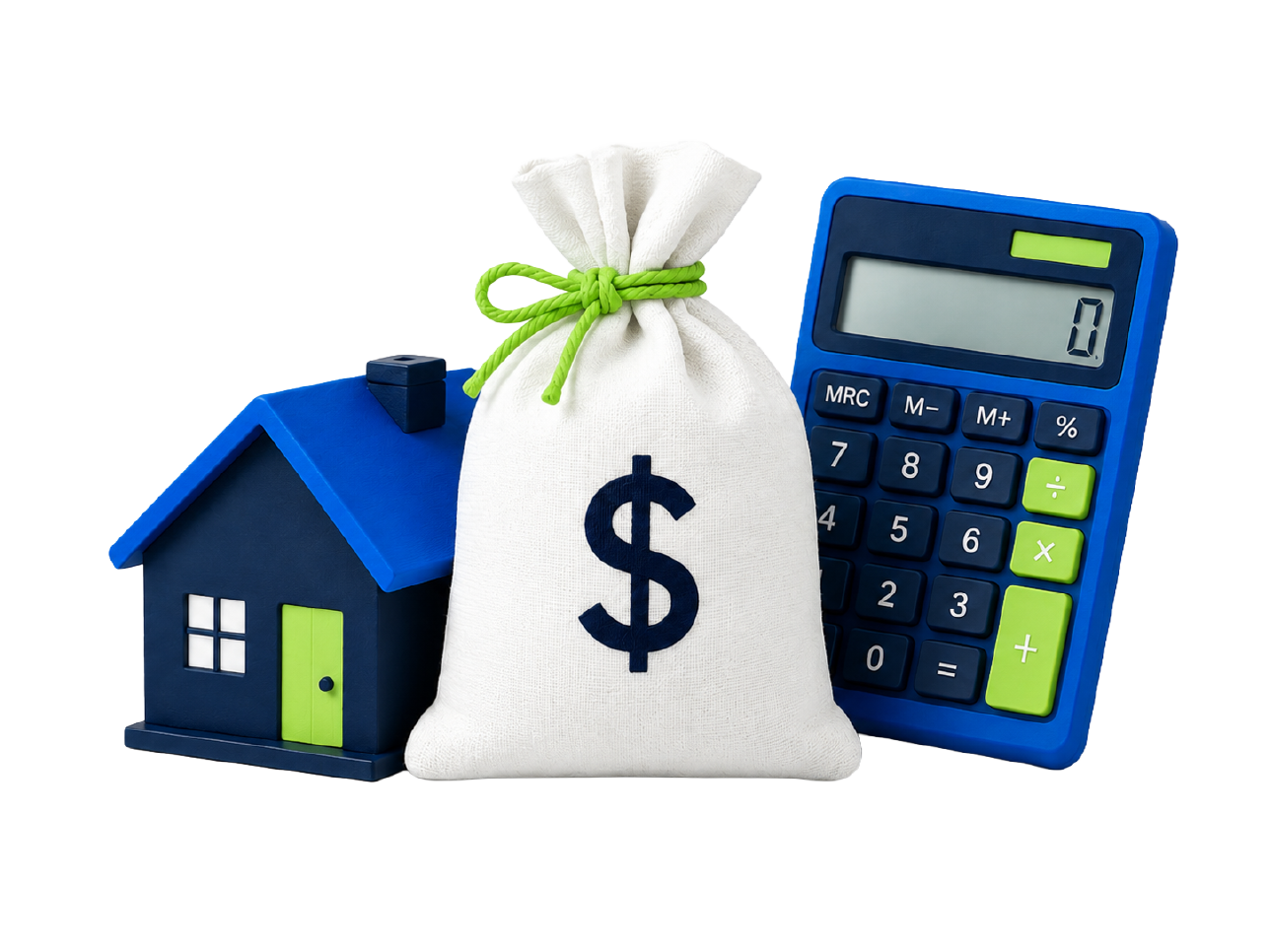 Bolsa de dinero, casa y calculadora